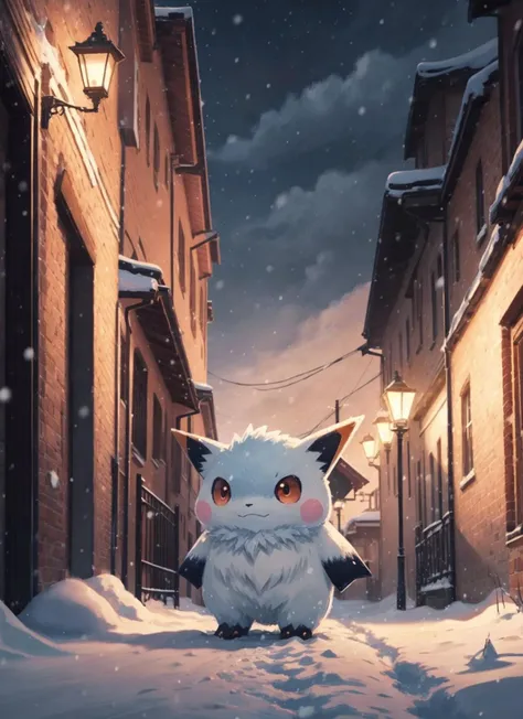 snow pokemon, small fluffy animal, (painterly, cinematic, atmospheric perspective)