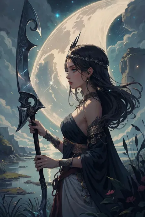 best quality, masterpiece, 1 girl, adult woman, aquamarine eyes, dark brown shag hair, ombre, focus on character, solo, (style-swirlmagic:0.8), solo, 10%from side, side view, upper body, detailed face, <lora:CulturePunkBundle-000007:0.5>, zulupunkai, zulu theme, abyssal duskblade, (pragmatic resolve,:1.05), perched on a ledge, 3%flowing gown, circlet, onyx charm 20%brandishing radiant scythe of the void, drawing upon invisible threads of power, embedded tech, lucky banner, outdoors, dirt path,,pebbles,,stones marsh in background, 30%cloudy night, meteor shower,cloudy sky, backlighting,