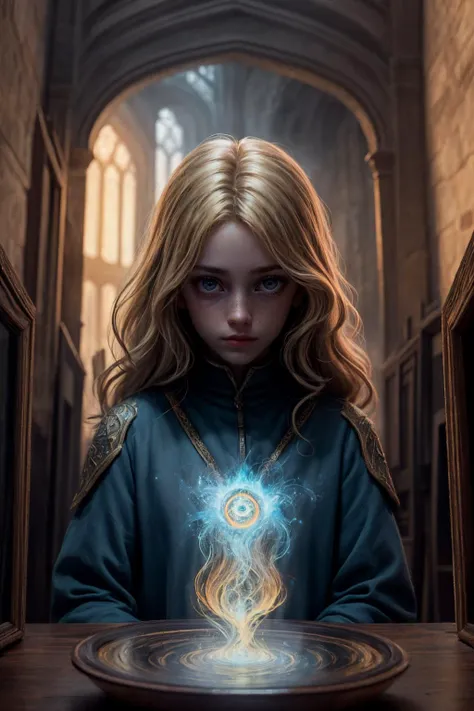 REALISTIC PHOTO, GIRL CHILD 10 YEARS OLD, BLONDE BIG HAIR, holding a green ball in his hands, spell casting mage, he is casting an illumination spell, an arcane mage casting a spell, casting a powerful spell, with powers of black magic, casting spells, casting a protection spell, wiccan, magic, magic magic, sacred flame spell, black magic spells, with black. Magical powers