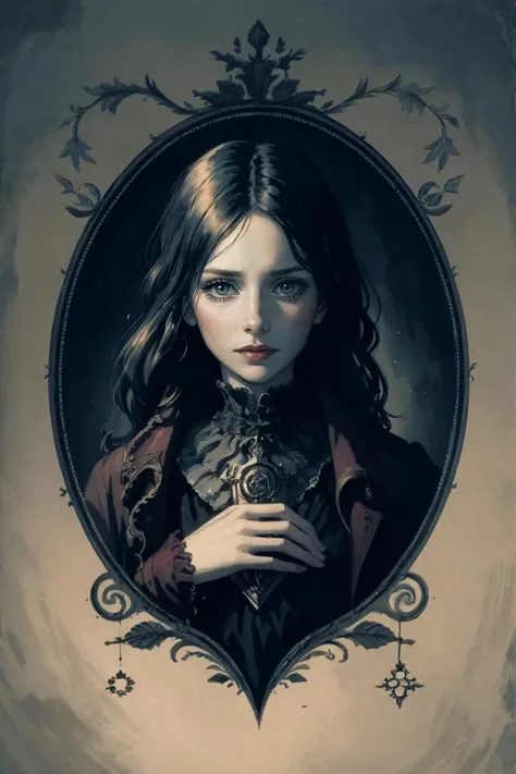 middle aged woman, (style-swirlmagic:0.8), solo, upper body, looking away, detailed background, detailed face, (victorian theme:1.1), false confidence, investigator of the unknown, tattered adventuring gear, gloves, dark color scheme, ancient apocalyptic prophecy,,psychological struggle, antique glyphs, shadowy tendrils in background, low light, early 20th century mysterious Lovecraftian atmosphere,