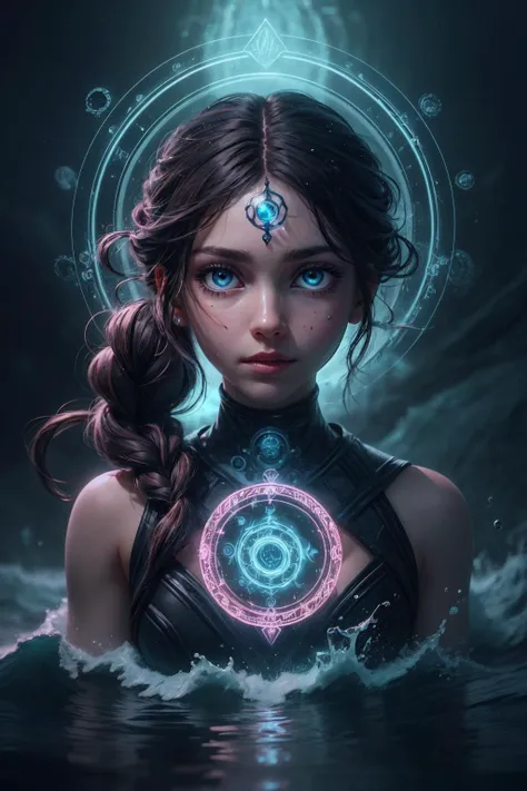 (masterpiece, best quality), aesthetic illustration, stylized digital art, colorful paint style, <lora:add_detail_v5:1>, <lora:anime3d:0.75>, <lora:3DMM_V12:0.25>, 3DMM,
1 girl, adult portuguese woman, pink eyes, dark brown braided hairstyle,
(style-swirlmagic:0.8), portrait, solo, (full body:0.6), looking at viewer, detailed background, detailed face, (<lora:GlyphTech:0.5>, glyphs, hologram, magic circle, glyphtech theme:1.1), (glowing eyes:1.05), water sorcerer, swirling water, <lora:waterVFX:0.4> controlling the water, fantasy hydromancer clothes, concentrating, ethereal water, drops of water, ocean in background, waves, cinematic atmosphere,