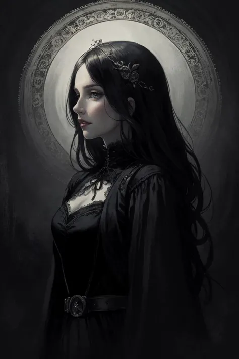 middle aged woman, (style-swirlmagic:0.8), solo, upper body, looking away, detailed background, detailed face, (victorian theme:1.1), false confidence, investigator of the unknown, tattered adventuring gear, gloves, dark color scheme, ancient apocalyptic prophecy,,psychological struggle, antique glyphs, shadowy tendrils in background, low light, early 20th century mysterious Lovecraftian atmosphere,