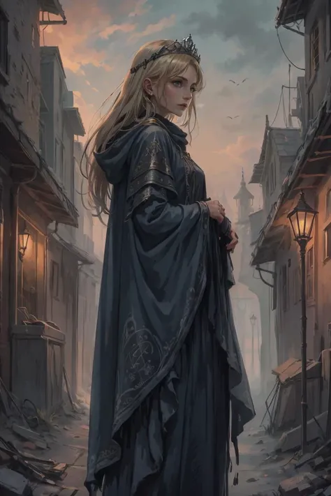 best quality, masterpiece, 1 girl, adult (elven:0.7) woman, freckles, black eyes, medium blonde blowout hair, focus on character, solo, solo, 10%from side, side view, (full body:0.8), detailed face, <lora:postapocalypseAI:0.4>, postapoAI, post-apocalyptic dark dystopian theme, ethereal explorer, (bitter disappointment,:1.05), relaxed pose, blue 3%fashionable tunic, tiara, 5%engraved with ancient sigils, holo-cloak device blending into the surroundings, outdoors, bridge,,lamps labyrinthine settlement in background, twilight,