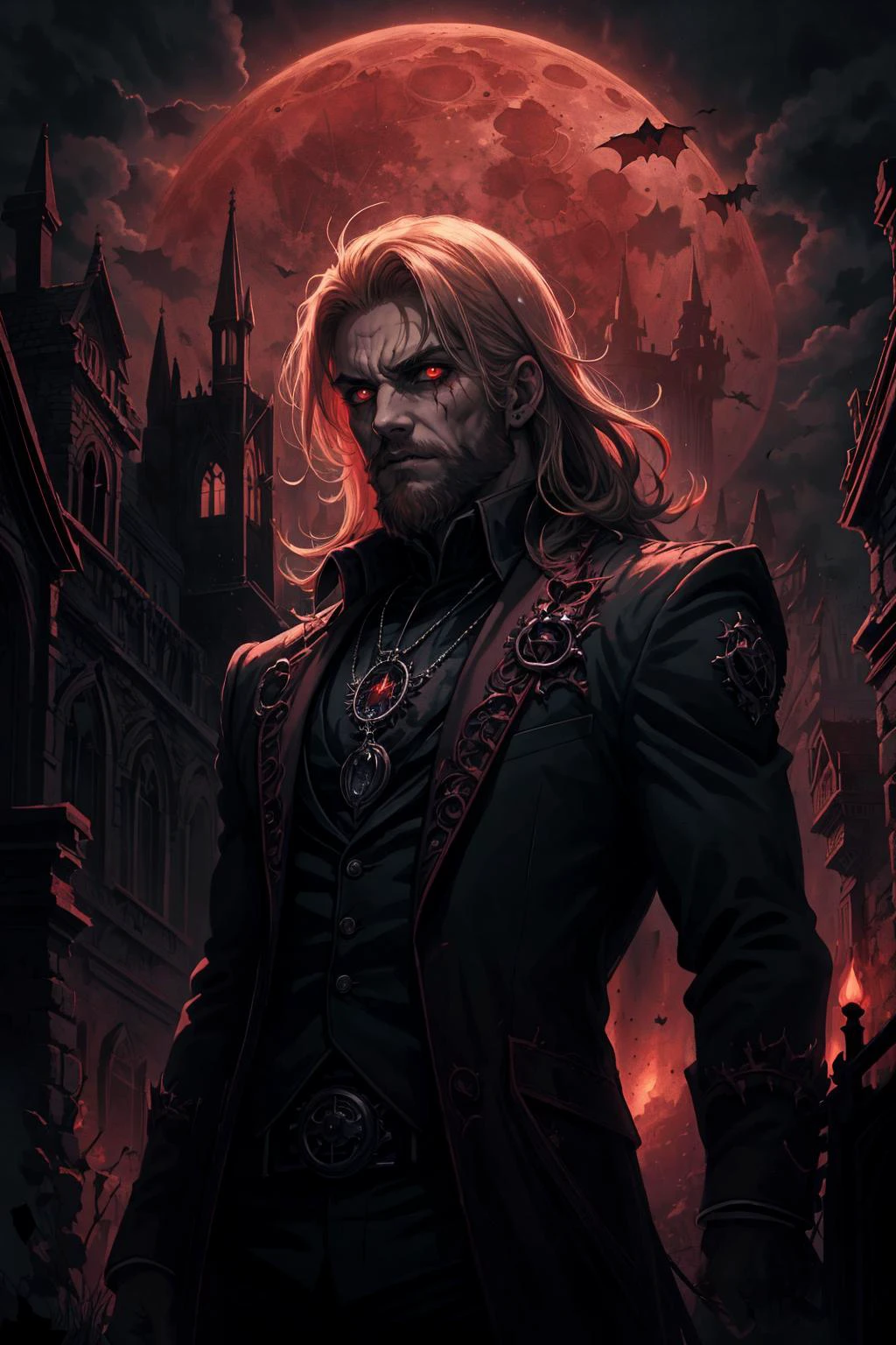 (masterpiece, best quality),  stylized digital art,  <lora:add_detail_v5:1>
(1man, muscular adult welsh male:1.2),  red eyes, blonde hair, beard,
 portrait, solo, (full body:0.6), looking down, detailed background, detailed face, (<lora:GothicHorrorAI:0.5>, gothichorrorai, gothic theme:1.1) vampire, glowing eyes, bloodthirsty, pale skin, vampire fangs, tattered [dark:light blue:5] clothes,   high collars, pendant, brooding, evil expression,   supernatural abilities,   red glow, bats in background,  ruins in background, red moon, dark clouds,  contrast,   mysterious atmosphere,
nardack, <lora:LoconLoraNardack_v10:0.3>,
