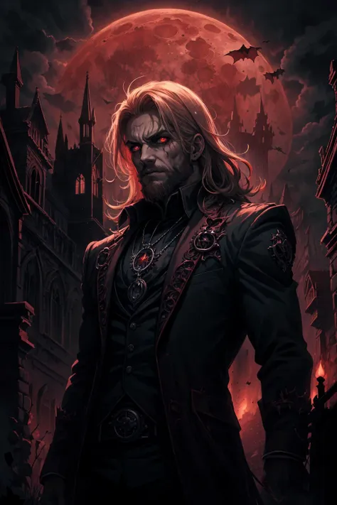 (masterpiece, best quality),  stylized digital art,  <lora:add_detail_v5:1>
(1man, muscular adult welsh male:1.2),  red eyes, blonde hair, beard,
 portrait, solo, (full body:0.6), looking down, detailed background, detailed face, (<lora:GothicHorrorAI:0.5>, gothichorrorai, gothic theme:1.1) vampire, glowing eyes, bloodthirsty, pale skin, vampire fangs, tattered [dark:light blue:5] clothes,   high collars, pendant, brooding, evil expression,   supernatural abilities,   red glow, bats in background,  ruins in background, red moon, dark clouds,  contrast,   mysterious atmosphere,
nardack, <lora:LoconLoraNardack_v10:0.3>,