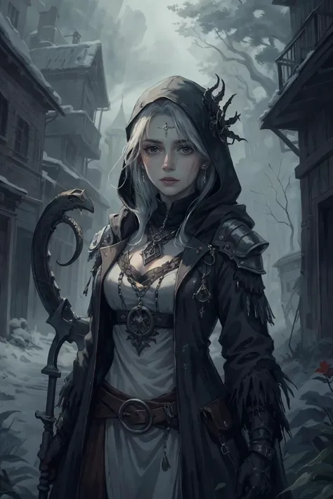 best quality, masterpiece, 1 girl, adult (elven:0.7) woman, jade eyes, silver fringe hair, ombre, focus on character, solo, solo, upper body, detailed face, <lora:postapocalypseAI:0.4>, postapoAI, post-apocalyptic theme, evil shadowmancer, 10%(eyes closed:1.05), (stoic resolve,:1.05), standing tall, 3%ornate clothes, hood, serpent's amulet of shadows 20%carrying infernal scythe of ice, exuding pulsating powers, reactive nano-materials responding to the environment, divine mark, red color palette, outdoors, flowers,,mushrooms,,bioluminescent flora,,twigs tower in background, lighning, ethereal lighting,