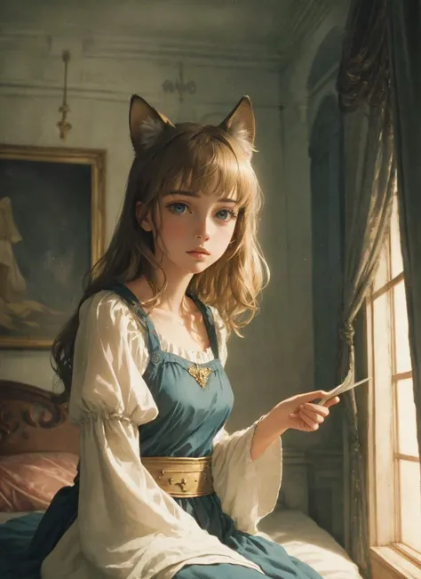 (photorealism), beautiful girl, animal ears, princess, medieval, bedroom chambers, sitting, (castle:0.8), (movie scene), (realistic film grain, cinematic, atmospheric perspective:1.1)