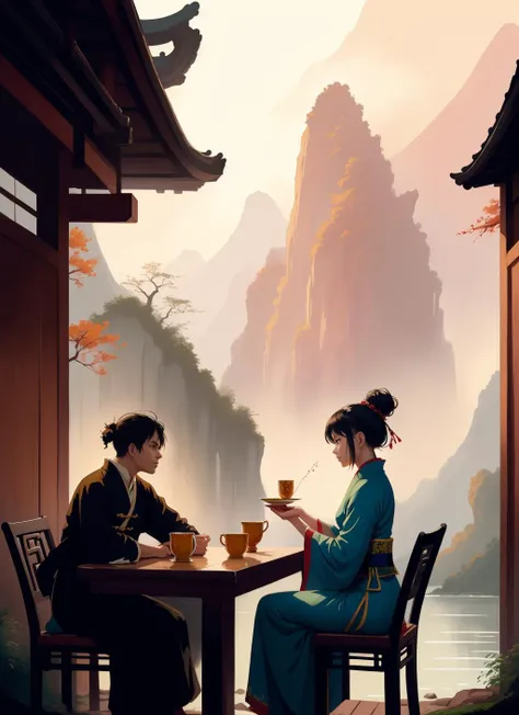 ancient china mythology, traditional style, greg rutkowski, bashful queen, isekai fantasy, wuxia genre, sitting at a table, (highly stylized artstyle), landscape <lora:minimalistAnimeStyle_v10:0.2>