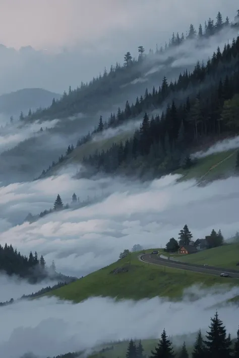 A dense fog blankets the rolling hills, creating an ethereal atmosphere,<lora:add_detail:0.7>, <lora:cartoonisationer-V4-8:1>