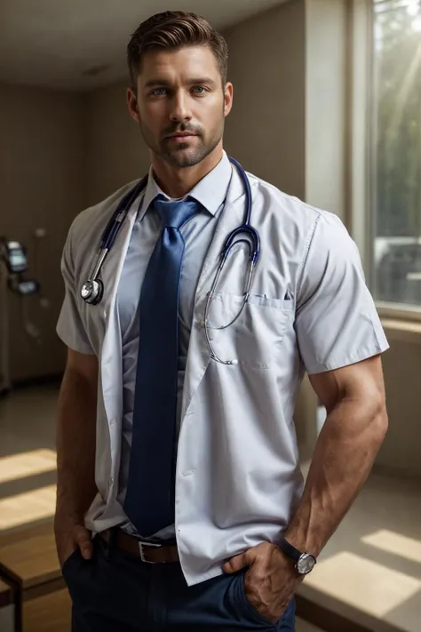 realistic, masterpiece, best quality, detailed, natural lighting, soft shadow, detailed background, photography, depth of field, intricate details, detailed face, subsurface scattering, realistic eyes, muscular, photo of a handsome man, sexydoctor, stethoscope, (collared shirt), necktie, pants, hospital, (40 years old), beard, brown hair,