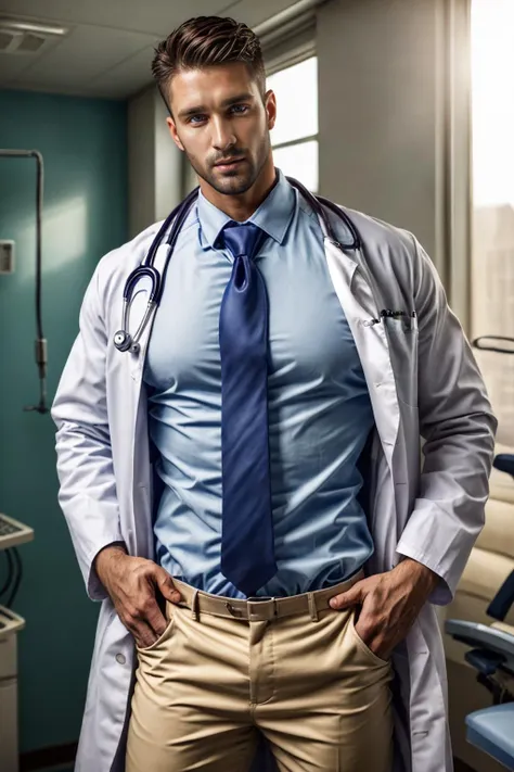 realistic, masterpiece, best quality, detailed, natural lighting, soft shadow, detailed background, photography, depth of field, intricate details, detailed face, subsurface scattering, realistic eyes, muscular, photo of a handsome man, sexydoctor, coat, (30 years old), hospital, stethoscope, pants, (shirt), necktie,