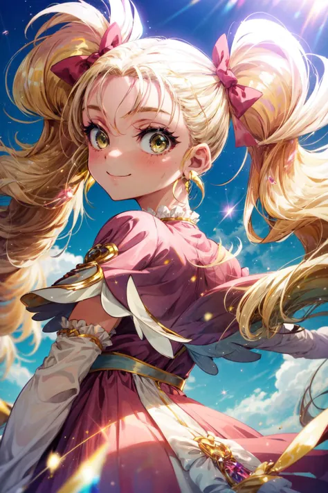 masterpiece,best quality,solo,1girl,shiny-luminous,[yellow eyes|green eyes],blonde hair,twintails,pink dress,capelet,brooch,arm warmers,earrings,pink hair bow,smile,shiny,light particles,blue sky,from behind,upper body,<lora:locon_shiny_luminous_02:0.9>,<lora:Concept-control tool-add_detail-CyberAIchemist:0.3>,