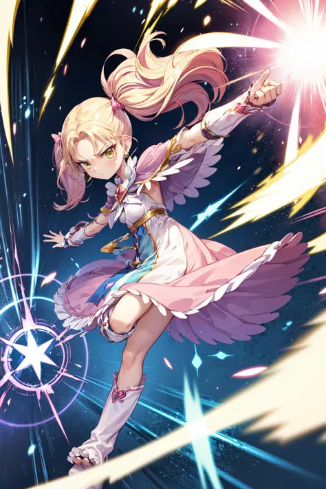 masterpiece,best quality,solo,1girl,shiny-luminous,[yellow eyes|green eyes],(blonde hair),twintails,very long hair,pink dress,capelet,brooch,arm warmers,boots,leg warmers,earrings,pink hair bow,(serious),action pose,(shield,magic shield,energy shield:1.2),motion lines,motion blur,<lora:locon_shiny_luminous_02:0.9>,<lora:Concept-control tool-add_detail-CyberAIchemist:0.8>,