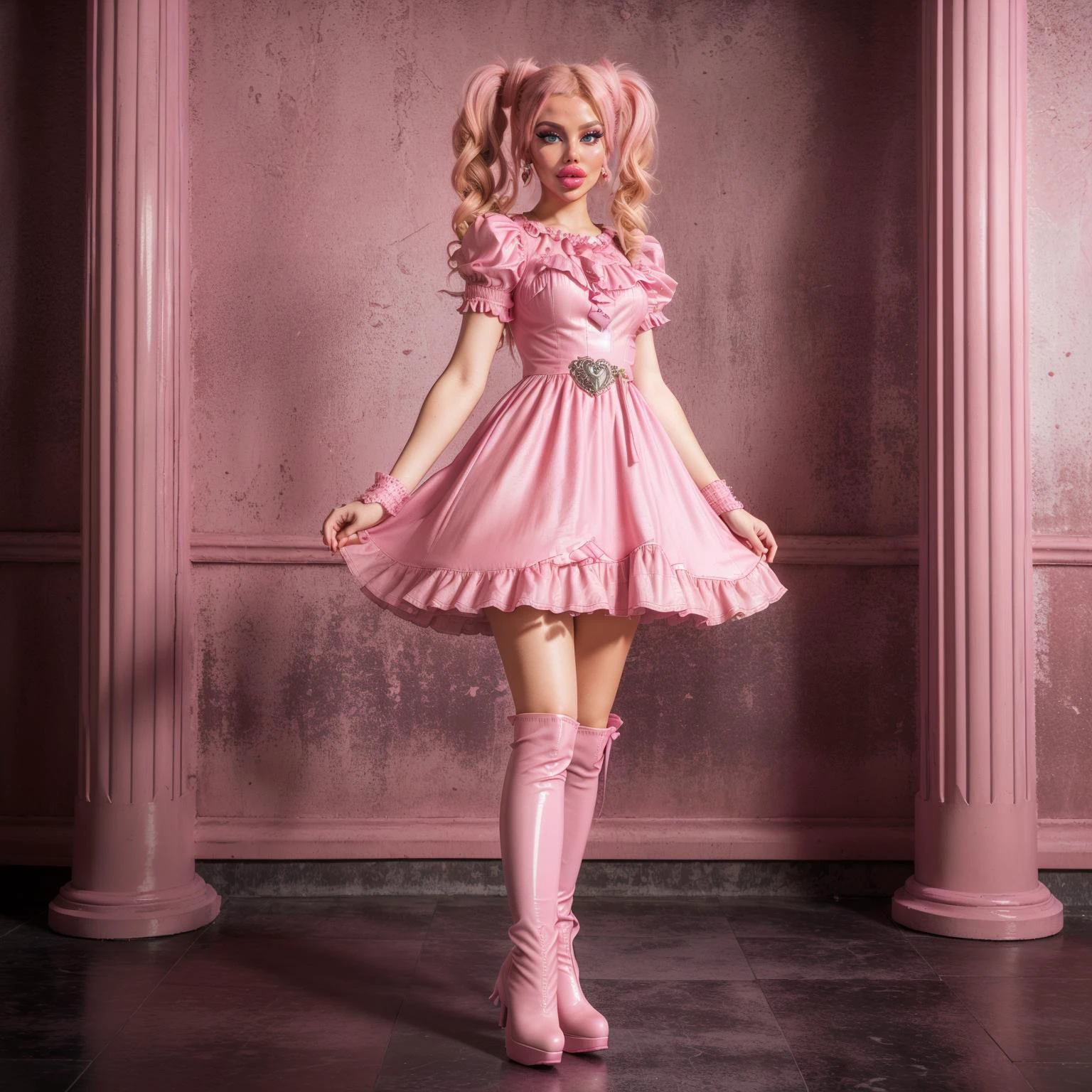 (full body shot:1.4), photogenic adult female, shiny-luminous, blonde hair, twintails, (pink dress:1.3), capelet, brooch, arm warmers, leg warmers, (stiletto boots:1.15), porch, earrings, (pvc attire), standing, morning, blue sky, throne room, horror (theme, highest quality:1.1), solo, trees, standing on liquid, daytime, summer, cinemascope, detailed, 8k resolution, (masterpiece, best quality, hires, high resolution:1.2), (extremely detailed, realistic, intricate details, highres), (cinematic lighting, sunlight, volumetric), vibrant colors,