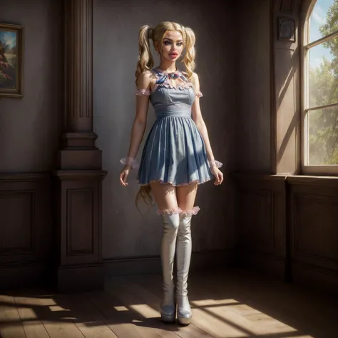 (full body shot:1.4), photogenic adult female, shiny-luminous, blonde hair, twintails, pink dress, capelet, brooch, arm warmers, leg warmers, stiletto boots, porch, earrings, standing, morning, blue sky, throne room, horror (theme, highest quality:1.1), solo, trees, standing on liquid, daytime, summer, cinemascope, detailed, 8k resolution, (masterpiece, best quality, hires, high resolution:1.2), (extremely detailed, realistic, intricate details, highres), (cinematic lighting, sunlight, volumetric), vibrant colors,