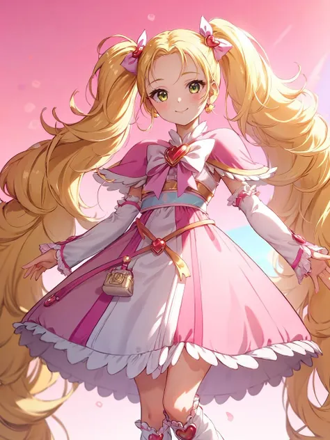 masterpiece, best quality, looking at viewer, depth of field, standing, full body, 
1girl, <lora:locon_shiny_luminous_02:0.95>, shiny-luminous, blonde hair, twintails, pink dress, capelet, brooch, arm warmers, leg warmers, boots, porch, earrings, 
smile, ((gradient background)), lens flare,