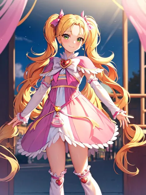 masterpiece, best quality, looking at viewer, depth of field, standing, full body, 
1girl, <lora:locon_shiny_luminous_02:1>, shiny-luminous, blonde hair, twintails, pink dress, capelet, brooch, arm warmers, leg warmers, boots, porch, earrings, 
smile, ((gradient background)), lens flare,