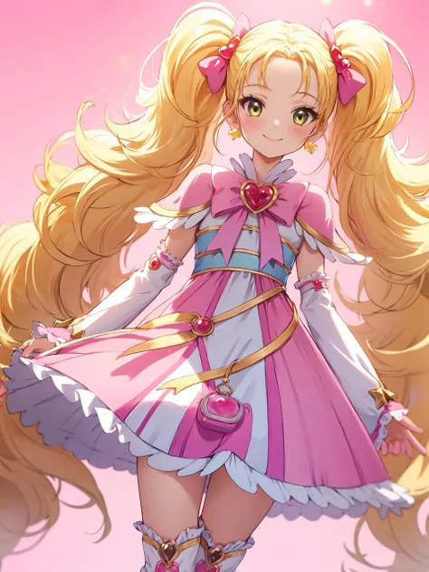 masterpiece, best quality, looking at viewer, depth of field, standing, 
1girl, <lora:locon_shiny_luminous_02:0.95>, shiny-luminous, blonde hair, twintails, pink dress, capelet, brooch, arm warmers, leg warmers, boots, porch, earrings, 
smile, ((gradient background)), lens flare,