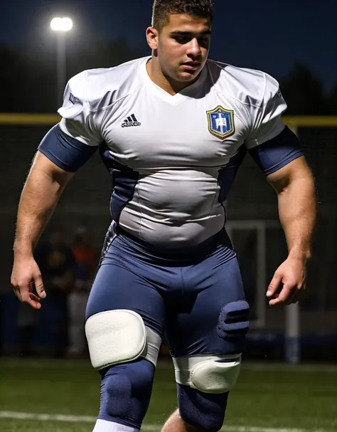 paparazzi photo.
sports magazine.
(Realistic, Photo-realistic:1.3).4k, high resolution, high detail,film grain,detailed face, high quality face,
medium shot,
walking in a soccer field at night,
domineering.
handsome 18 years old boy: [Brazilian:italian:0.7].young,
wearing a american football clothing:baggy t-shirt.
BREAK,
pads:Shoulder pads,Hip pads,Thigh pads,
wearing compression tights:laycra.
BREAK,
bodybuilding,chubby, muscle,
low saturation,
low contrast,
 <lora:more_details:0.8>,, <lora:PrettyBoyV2:0.7> <lora:BLONDBOY:0.7>