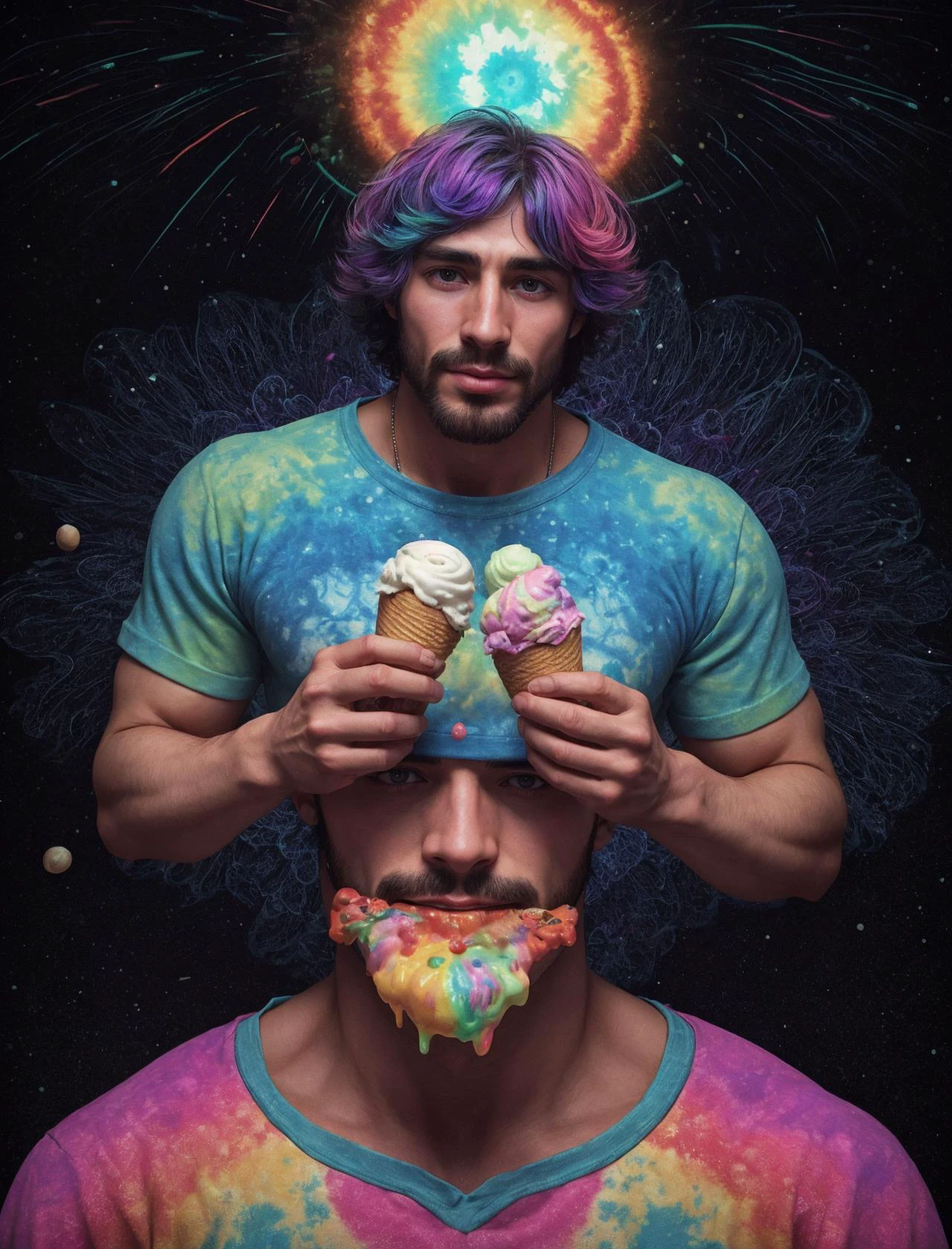 a man eating some ice cream, ice cream cones, prismatic, technicolor, psychedelic, avant garde, tie dye, dreamscape, cosmic array, pixelated, fish eye lens
