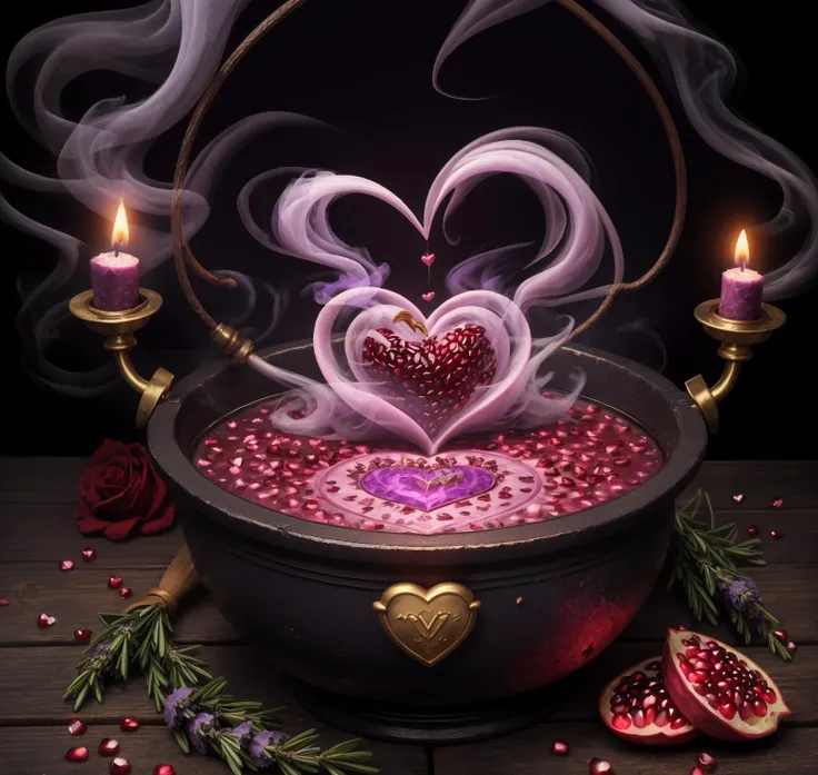 love potion brewing in a cauldron, a wizard of love, young handsome male, passion fruit, pomegranate, rose petals, lavender, rosemary, phials of potions, witchcraft and wizardry, a cloud of smoke in the shape of a heart