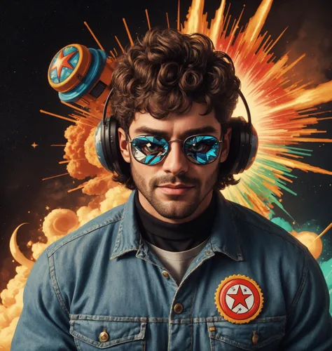a man with a ufo, sunglasses, pop art, spirals, pixilated, color starburst, film roll, professional photo 4k, high resolution, high detail, highly detailed