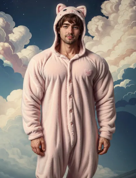 medium shot, muscular male, professional photo 4k, high resolution, high detail, <lora:Onesie:0.5> onesie, pastel, kawaii, fluffy clouds, bubble stars