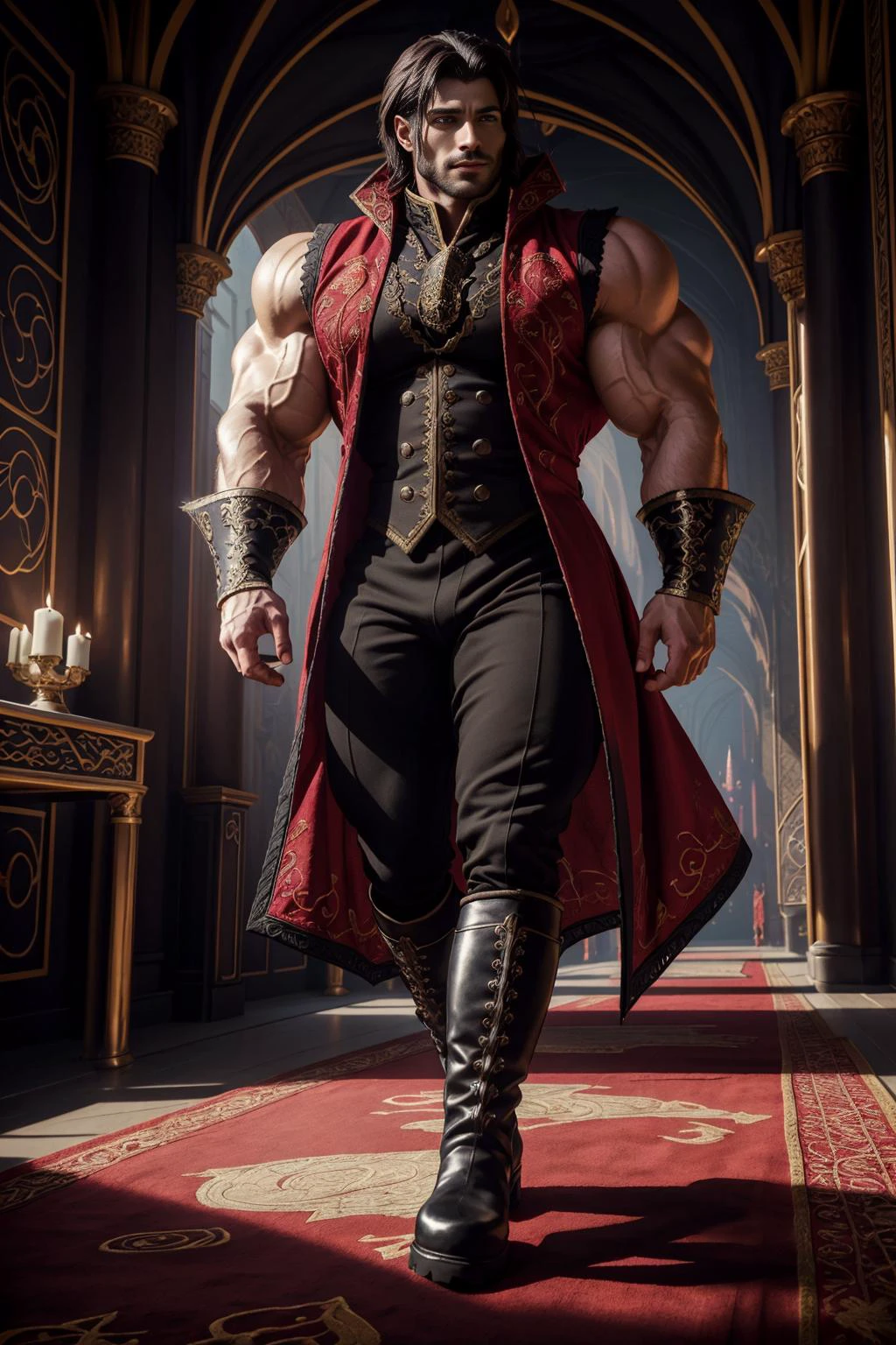 fantasy art, cinematic, photorealistic, muscular male evil young sorcerer, fully dressed, crimson sorcerer embroided outfit, black pants, embroided dragonscale vest, black long boots, big bulge, (muscular:1.5), walking into his luxury palace of dark magic, evil palace background