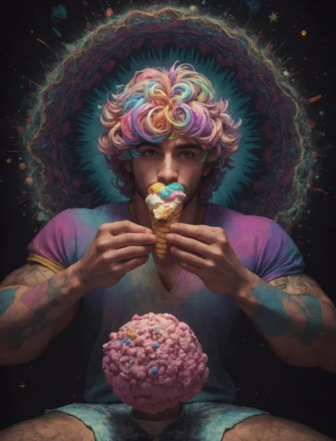 a man eating some ice cream, ice cream cones, prismatic, technicolor, psychedelic, avant garde, tie dye, dreamscape, cosmic array, pixelated, fish eye lens, professional photo 4k, high resolution, high detail,