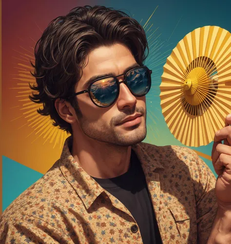 a man with a paper fan, sunglasses, pop art, spirals, pixilated, color starburst, film roll, professional photo 4k, high resolution, high detail, highly detailed