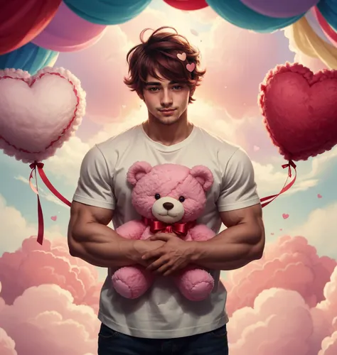 avant garde, dreamscape, kawaii, a young man hugging a teddy bear, soft smile, tshirt, soft lighting, hearts and swirls floating in the background, red ribbons, cotton candy clouds