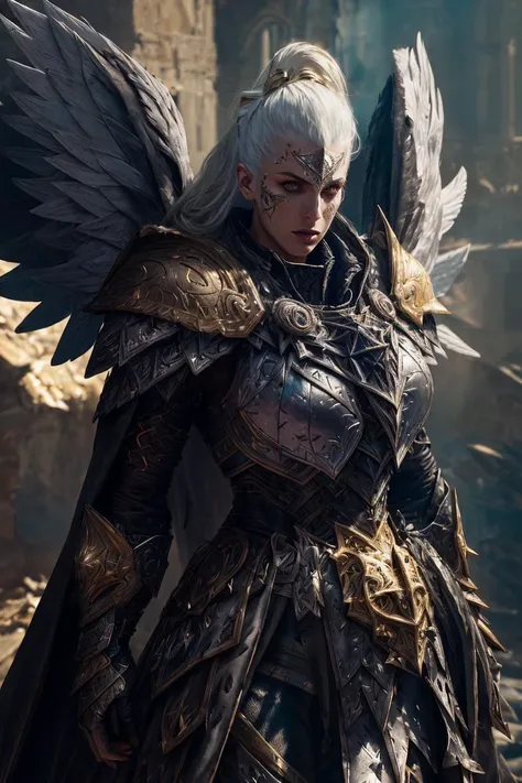 cell shading, digital art, bloom, dark and gloomy full body 8k photography, a scandanavian female wearing a mix of wearing walkure, armor,helmet, chainmail armor, wings, and (Parrley_armor), white, silver, and gold, (big bulky futuristic armor), <lora:Parrley1:0.85>, <lora:walkure:0.7>, golden extravagant hair, at cluttered and messy cathedral, action shot, tattered torn cloak, skin pores, detailed intricate iris, very dark lighting, heavy shadows, detailed, detailed face, (vibrant, dramatic, dark, sharp focus, 8k)