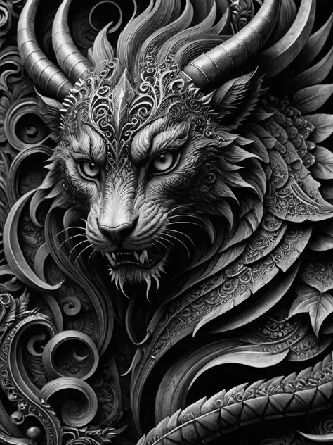 chimera with terrifying presence intricate details, symbols, abstract, realism, sharp focus, masterpiece, sharp details, sfw, <lora:illusionix:1> illusionix, illusion, black ink