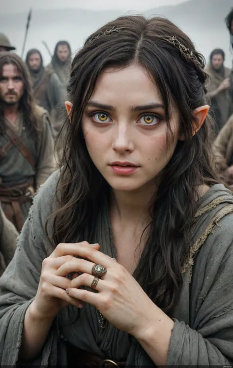 + undercut, upper_body, A beautiful woman with dark hair and glowing pupils holding the Ring in her hand, golden eyes, Sunken eyes, hute breaks, facing_away, covered in dirt, wearing rags, escaped from a dungeon and now wonders in a grey wasteland with other people also in rags, Lord of the Rings, Tolkien, Hillmen, Dunending, more detail XL, look ((crazy!!)), FilmGirl, chinese girls