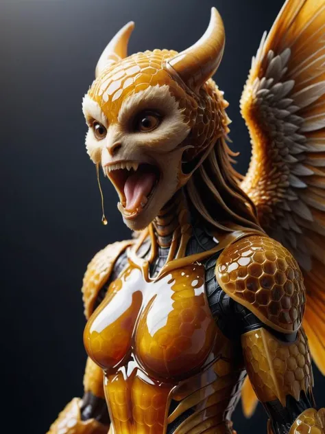 harpy with screeching voice made of dvr-honey, intricate details, symbols, abstract, realism, sharp focus, masterpiece, sharp details, sfw, <lora:HoneyStyle:0.8> dvr-honey,