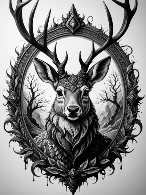 jackalope with mythical aura intricate details, symbols, abstract, realism, sharp focus, masterpiece, sharp details, sfw, <lora:illusionix:1> illusionix, illusion, black ink