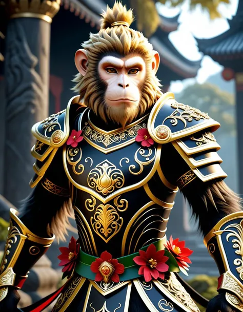 <black-wukong>, the monkey king, rough skin, upper body, walking through a spooky area, a highly detailed CGI rendering of a humanoid character with a monkey-like face, tall and slender, bushy mane of golden-brown hair, dressed in ornate, regal armor, armor features intricate, swirling patterns and floral designs, suggesting a high level of craftsmanship.