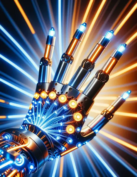 (Robotic hand extending forward:1.3), Symmetrical composition, Intricate metal parts, Glowing blue and orange lights, (Visible circuits and wires:1.3), Bright energy flowing through joints, (Human hand reaching forward:1.2), Warm skin tones, Natural texture, Slightly bent fingers, (Glowing white light:1.3), Radiating from center, Circular aura dividing scene, Blue and violet circuitry patterns, (Orange and golden energy streaks:1.3), Sharp contrast, Left side cool electric tones, Right side warm organic light, Strong visual tension, Juxtaposition of human and machine.Masterpiece,best quality,hi res,8k,hi res,8k,award winning,(sharp focus, intricate, highly detailed),