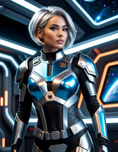 4K quality, digital drawing mode, space bounty hunter-themed female character, short silver hair styled in a messy bob, wearing a sleek silver and blue armored suit with high-tech gadgets attached, holding a plasma blaster in one hand and a holographic tracker in the other, standing in a futuristic space station with planets visible in the background, radiant skin, confident and mischievous expression, full body, dynamic pose as she readies for a space chase, life size, perfect anatomy, detailed skin texture, full HD, 4K, HDR, perfect anatomy, depth of field.