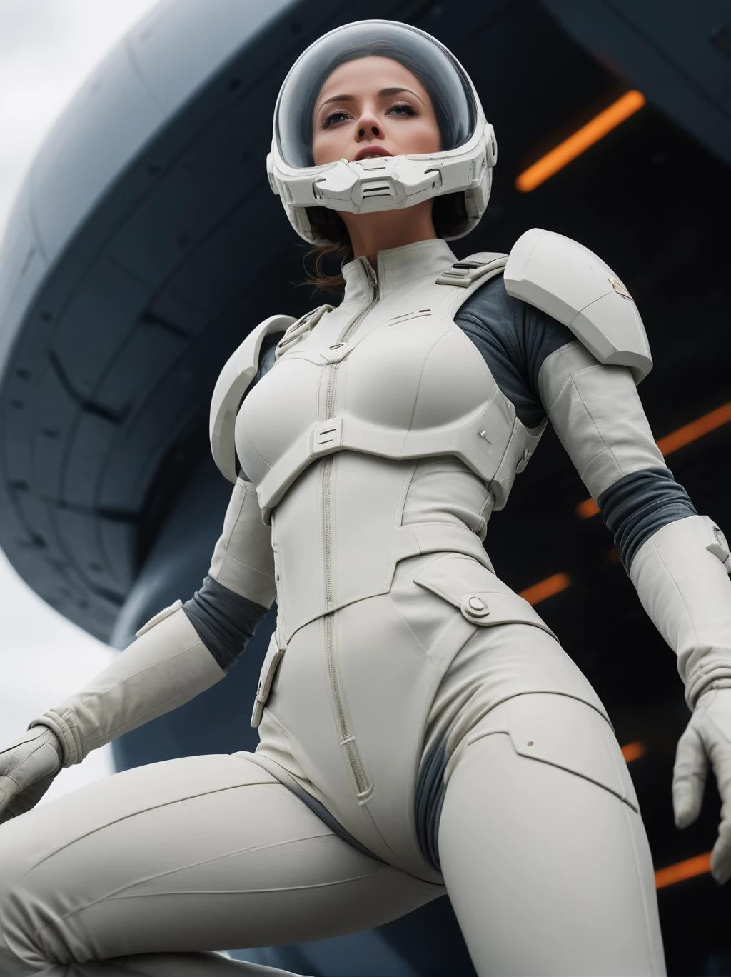 armed female figure in a white sci-fi suit (tight jumpsuit), at the spaceport, against the background of a sci-fi ship taking off, overcast, mask, sci-fi visor, sci-fi lens, sci-fi respirator, bald head, plate armor, isolated armor, third-person view from below, lots of fine detail, sci-fi movie style, photography, natural textures, natural light, natural blur, photorealism, cinematic rendering, ray tracing, highest quality, highest detail, Cinematic, Blur Effect, Long Exposure, 8K, Ultra-HD, Natural Lighting, Moody Lighting, Cinematic Lighting hyper-realistic, vibrant, 8k, detailed, ultra detail,