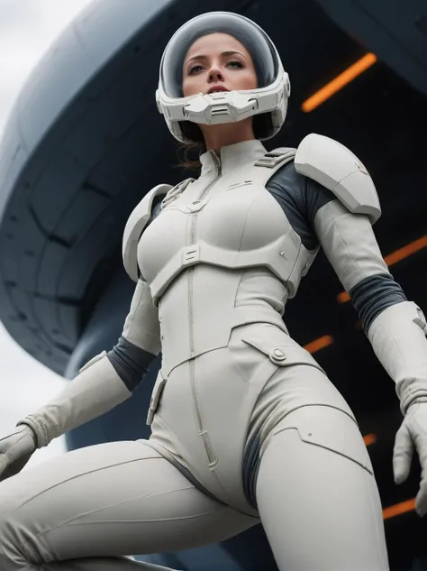armed female figure in a white sci-fi suit (tight jumpsuit), at the spaceport, against the background of a sci-fi ship taking off, overcast, mask, sci-fi visor, sci-fi lens, sci-fi respirator, bald head, plate armor, isolated armor, third-person view from below, lots of fine detail, sci-fi movie style, photography, natural textures, natural light, natural blur, photorealism, cinematic rendering, ray tracing, highest quality, highest detail, Cinematic, Blur Effect, Long Exposure, 8K, Ultra-HD, Natural Lighting, Moody Lighting, Cinematic Lighting hyper-realistic, vibrant, 8k, detailed, ultra detail, photo realistic, ultra details, natural light, light background