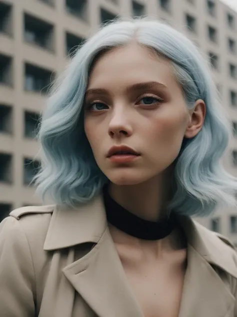 portrait of haute couture beautiful albino european fashion model with pale blue hair, ethereal dreamy foggy, photoshoot by Alessio Albi , editorial Fashion Magazine photoshoot, fashion poses, in front of brutalist building architecture. Kinfolk Magazine. Film Grain, BREAK , film photoshoot, hazy background, smoky,film photo,film grain,vintage photo with film grain, BREAK , BREAK