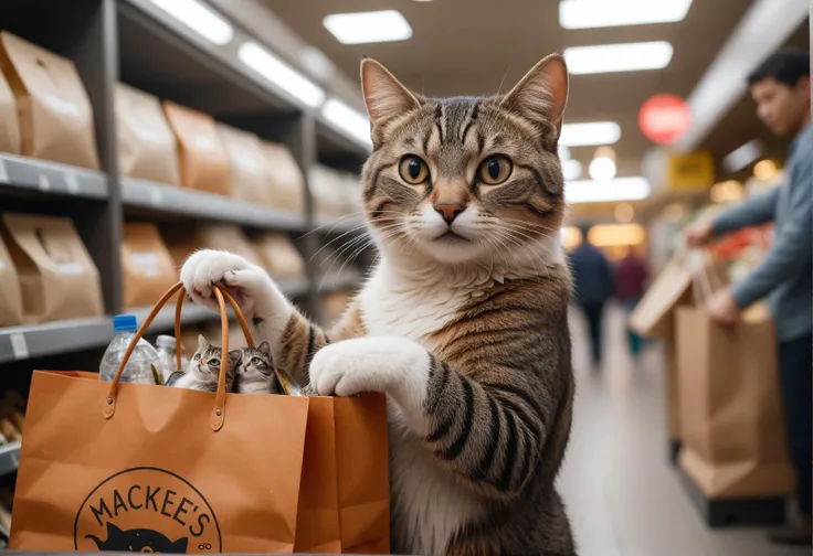 Cinematic still of cat holding shopping bag full of fishes with paws,shopping with smile in a market. . Shallow depth of field,vignette,highly detailed,high budget,bokeh,Cinemascope,moody,epic,gorgeous,film grain,grainy,