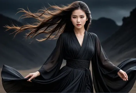 A woman facing the wind with a black theme,exuding a mysterious Eastern romance,woman,facing wind,(black theme),mysterious ambiance,(Eastern romance),flowing attire,