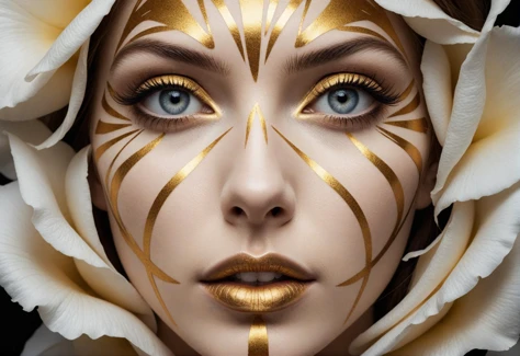 Cinematic still of Ultra detailed artistic abstract photography of woman's face (geometrical), golden, white roses, detailed symmetric circular iris, shattered paper fragments, inspired by Alberto Seveso, abstract art style, intricate complex watercolor painting, sharp eyes, digital painting, color explosion, ink drip, mix gold and white colors, Concept art, volumetric lighting, metallic reflections, 8k, concept photography,. Shallow depth of field,vignette,highly detailed,high budget,bokeh,Cinemascope,moody,epic,gorgeous,film grain,grainy,