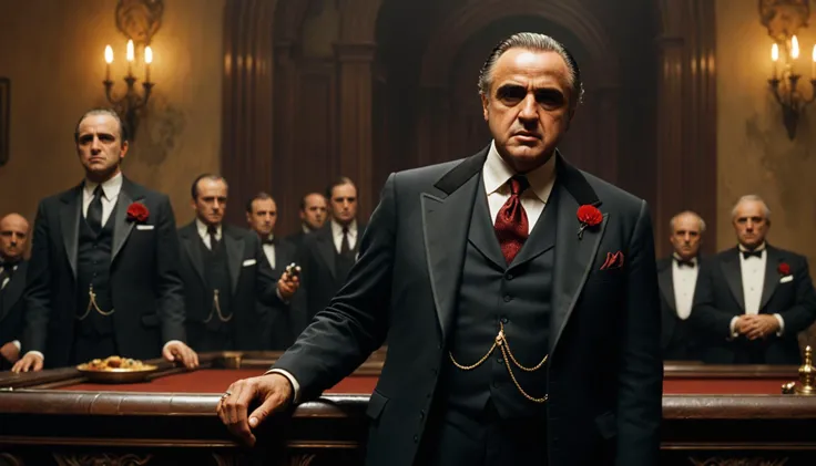 a a The Godfather (1972) scene,leaning forward pose,in a transylvanian vampire castle,(wielding),dramatic,protean,radiating,highly detailed,majestic,stunning,highly detailed,soft lighting,vibrant,(masterpiece, trending on artstation),cinestill 800 film,stunning,((gloomy horror crushing atmosphere)),ultra highres,dynamic angle,ultra-hd,hyperrealism,