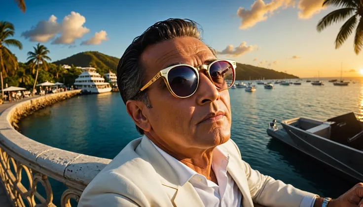 a a Sunset Boulevard (1950) scene,peering over glasses pose,in a caribbean hidden harbor,(descending),spectral,recumbent,transforming,dynamic composition,arcadian,intricate and detailed,high quality,wide-angle,focus-stacking,(ultra highres),intricate detail,dramatic expressive background,((golden ratio)),high contrast,sharp focus,fashion photography,masterpiece,
