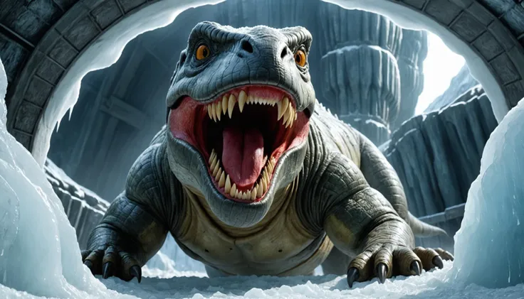 a a Jurassic Park (1993) scene,mid-laugh or smile pose,in a ice fortress,(orbiting),quixotic,kinetic,nesting,hyperrealism,harrowing,surreal masterpiece,intricate and detailed,4k resolution,golden ratio,(hyperrealistic),fashion photography,view from below shot,((high quality)),completed artwork,rendered by octane,4k resolution,dtm,