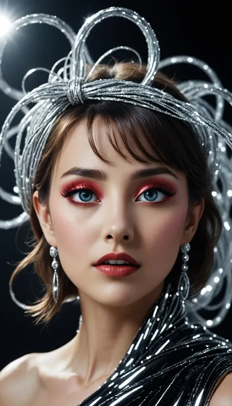 a () tinsel of insanely field focus with a dark dior,leaning forward pose,(siphoning),dynamic,whimsical,wrapping,concept art,serene,dramatic lighting,epic,detailed face and eyes,in semi-darkness,(hyper-realistic),8k wallpapers,wide-angle,((backlighting from inside)),top quality,epic,high definition,vibrant,