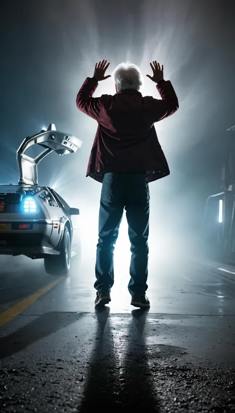 a (a The Back to the Future Trilogy scene) unreal the details luminescent high with beautiful a flying,stretching arms upward pose,(shrouded),spectral,tenebrous,juggling,raw,fleeting,epic,rendered by octane,moody,cinematic lighting,(sharp focus),extreme long shot,soft lighting,((dreamy foggy)),hyper-realistic,intricate,soft contrast,hyper-realistic,